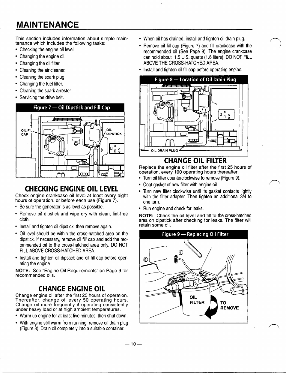 Maintenance, Checking engine oil level, Change engine oil | Change oil filter | Generac Power Systems 00862-1 User Manual | Page 12 / 52