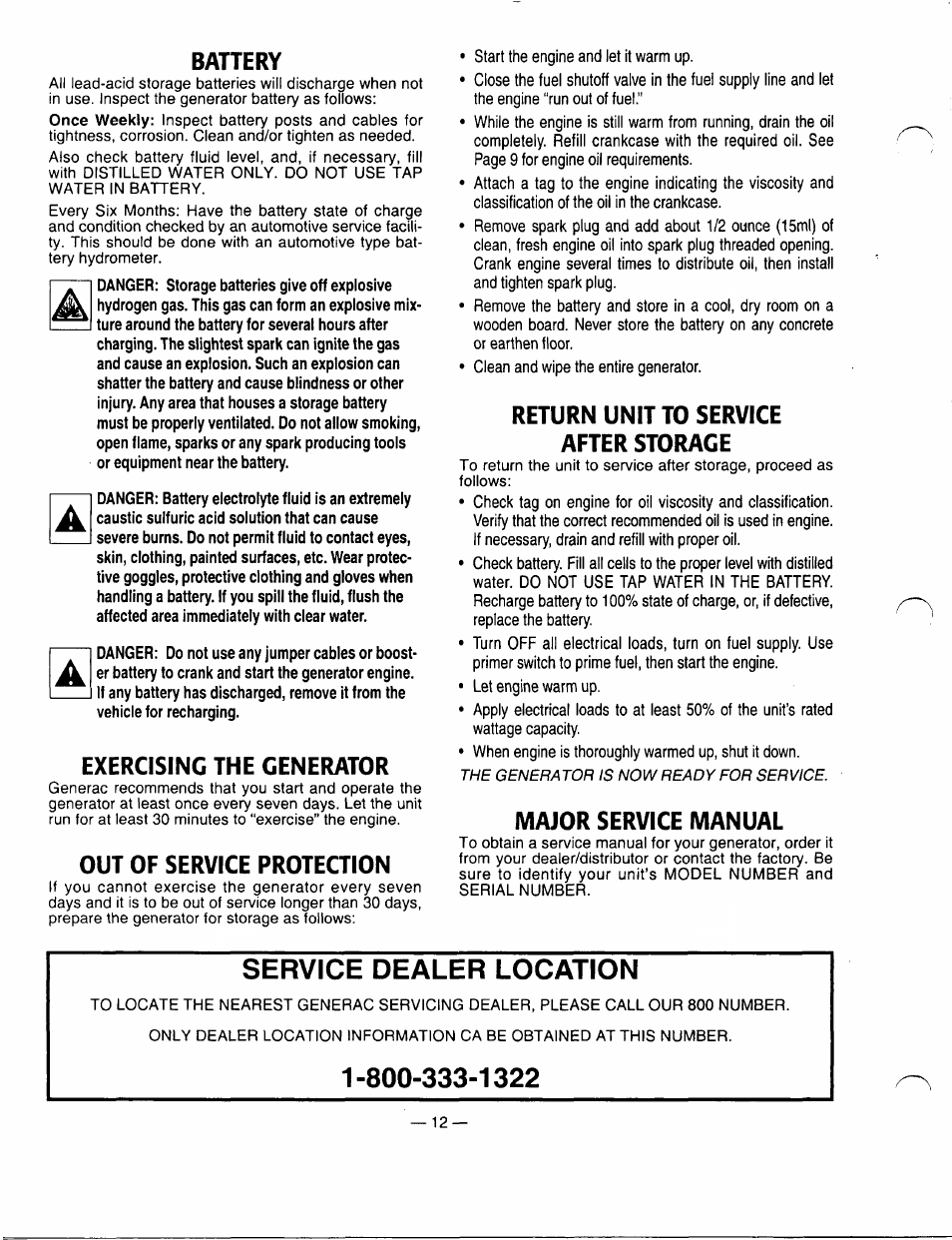 Battery, Exercising the generator, Out of service protection | Return unit to service after storage, Major service manual, Service dealer location | Generac Power Systems 00862-1 User Manual | Page 14 / 52