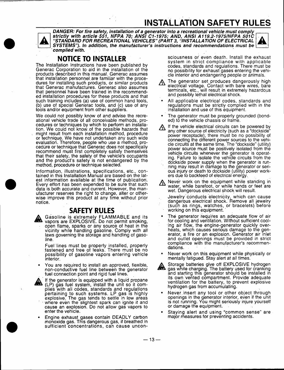 Installation safety rules, Notice to installer, Safety rules | Generac Power Systems 00862-1 User Manual | Page 15 / 52