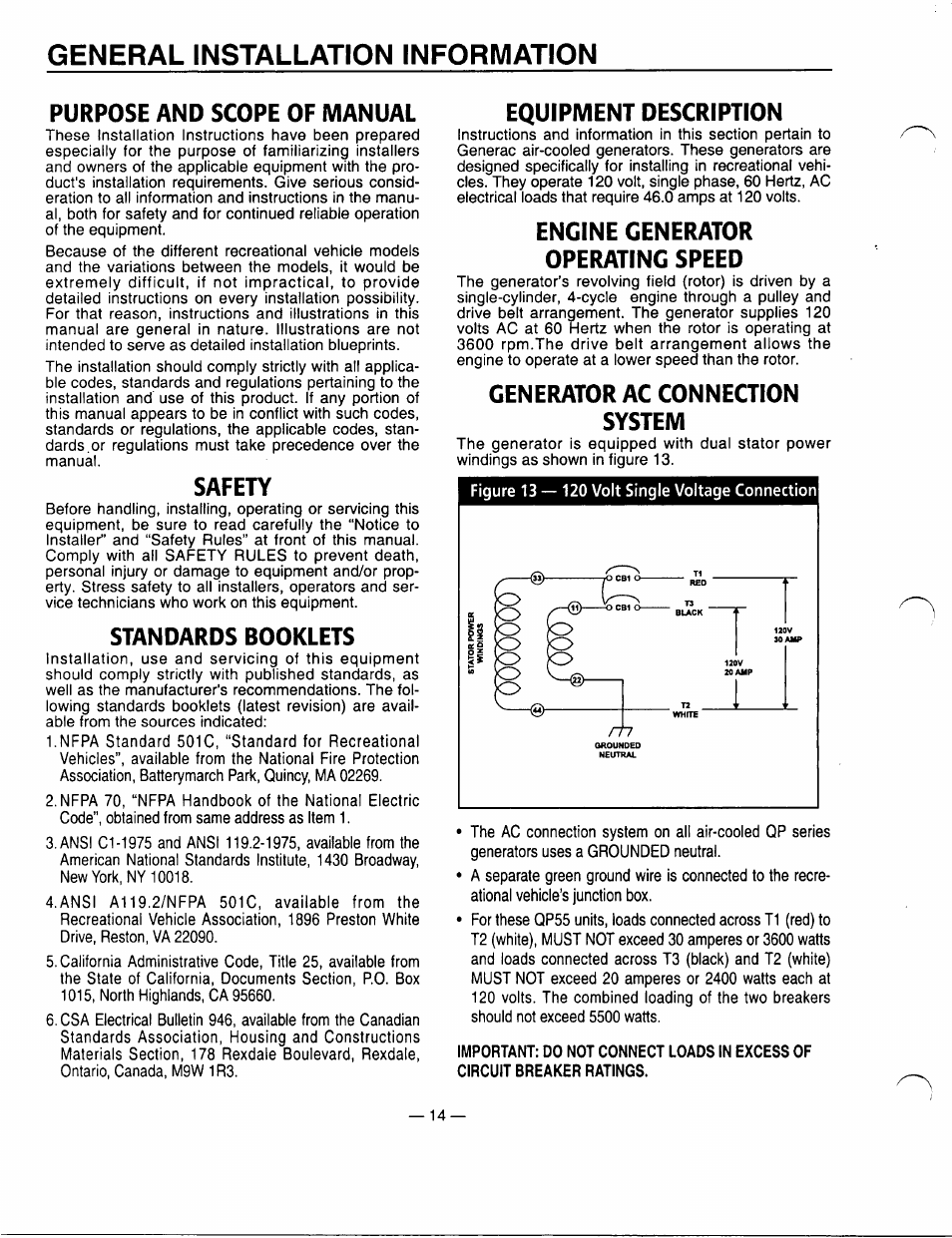 Purpose and scope of manual, Safety, Standards booklets | Equipment description, Engine generator operating speed, Generator ac connection system, General installation information | Generac Power Systems 00862-1 User Manual | Page 16 / 52