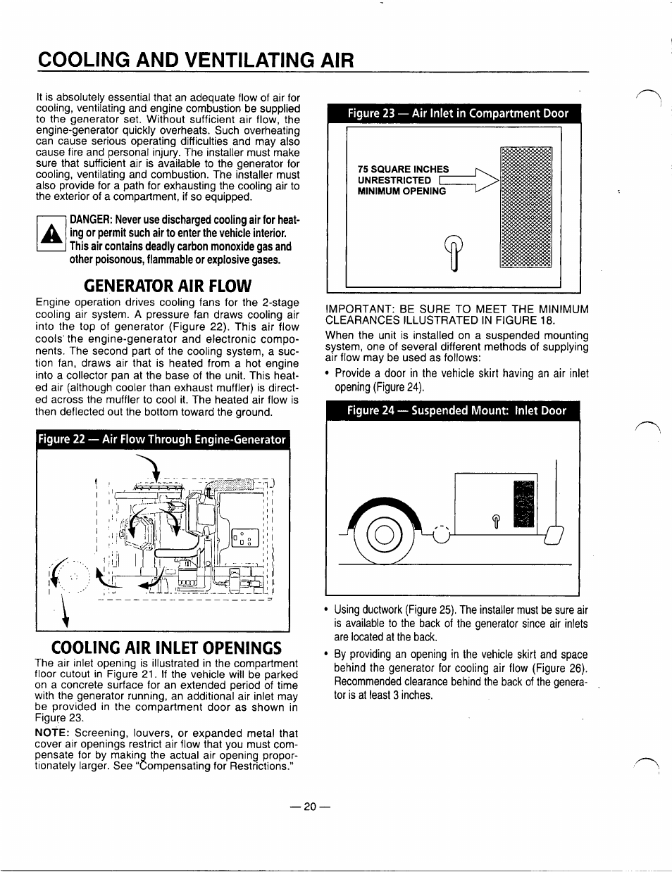 Cooling and ventilating air, Generator air flow, Cooling air inlet openings | Generator air flow cooling air inlet openings -21 | Generac Power Systems 00862-1 User Manual | Page 22 / 52