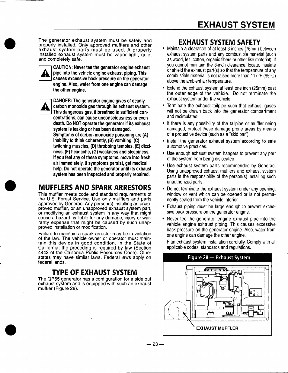 Mufflers and spark arrestors, Type of exhaust system, Exhaust system safety | Exhaust system | Generac Power Systems 00862-1 User Manual | Page 25 / 52