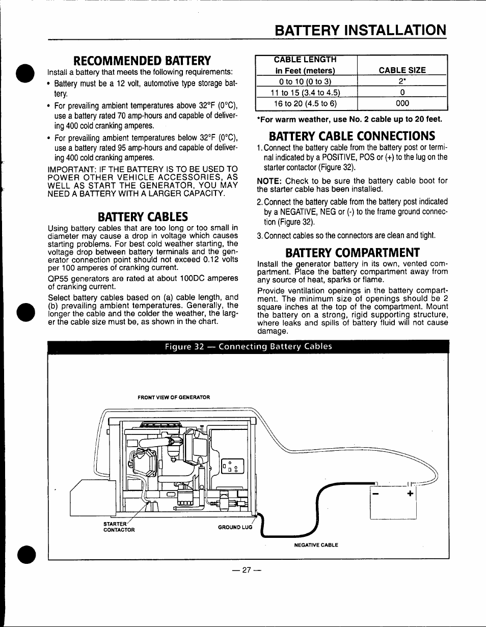 Recommended bahery, Bahery cables, Battery cable connections | Battery compartment, Battery installation | Generac Power Systems 00862-1 User Manual | Page 29 / 52