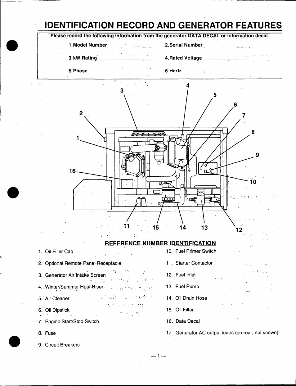 Identification record and generator features, Reference number identification | Generac Power Systems 00862-1 User Manual | Page 3 / 52