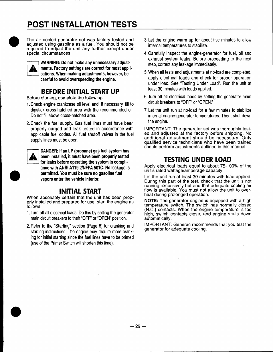 Before initial start up, Initial start, Testing under load | Post installation tests | Generac Power Systems 00862-1 User Manual | Page 31 / 52