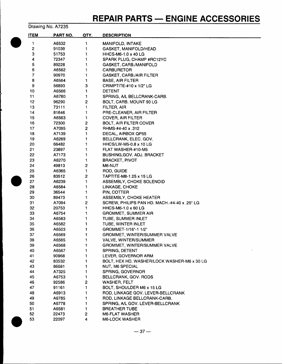 Repair parts — engine accessories | Generac Power Systems 00862-1 User Manual | Page 39 / 52