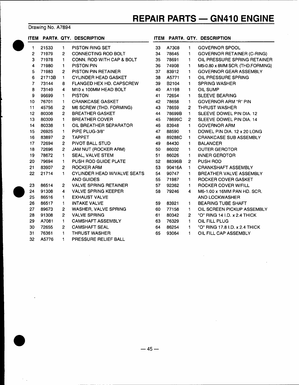 Repair parts — gn410 engine | Generac Power Systems 00862-1 User Manual | Page 47 / 52