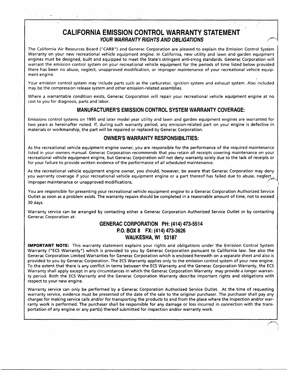 California emission control warranty statement, Your warranty rights and obligations | Generac Power Systems 00862-1 User Manual | Page 50 / 52