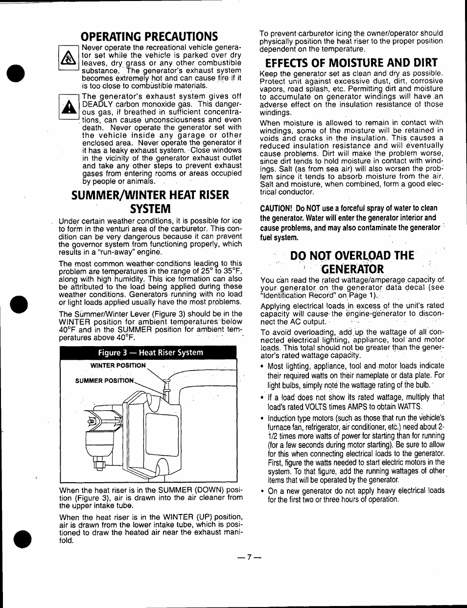 Operating precautions, Summer/winter heat riser system, Effects of moisture and dirt | Do not overload the generator | Generac Power Systems 00862-1 User Manual | Page 9 / 52