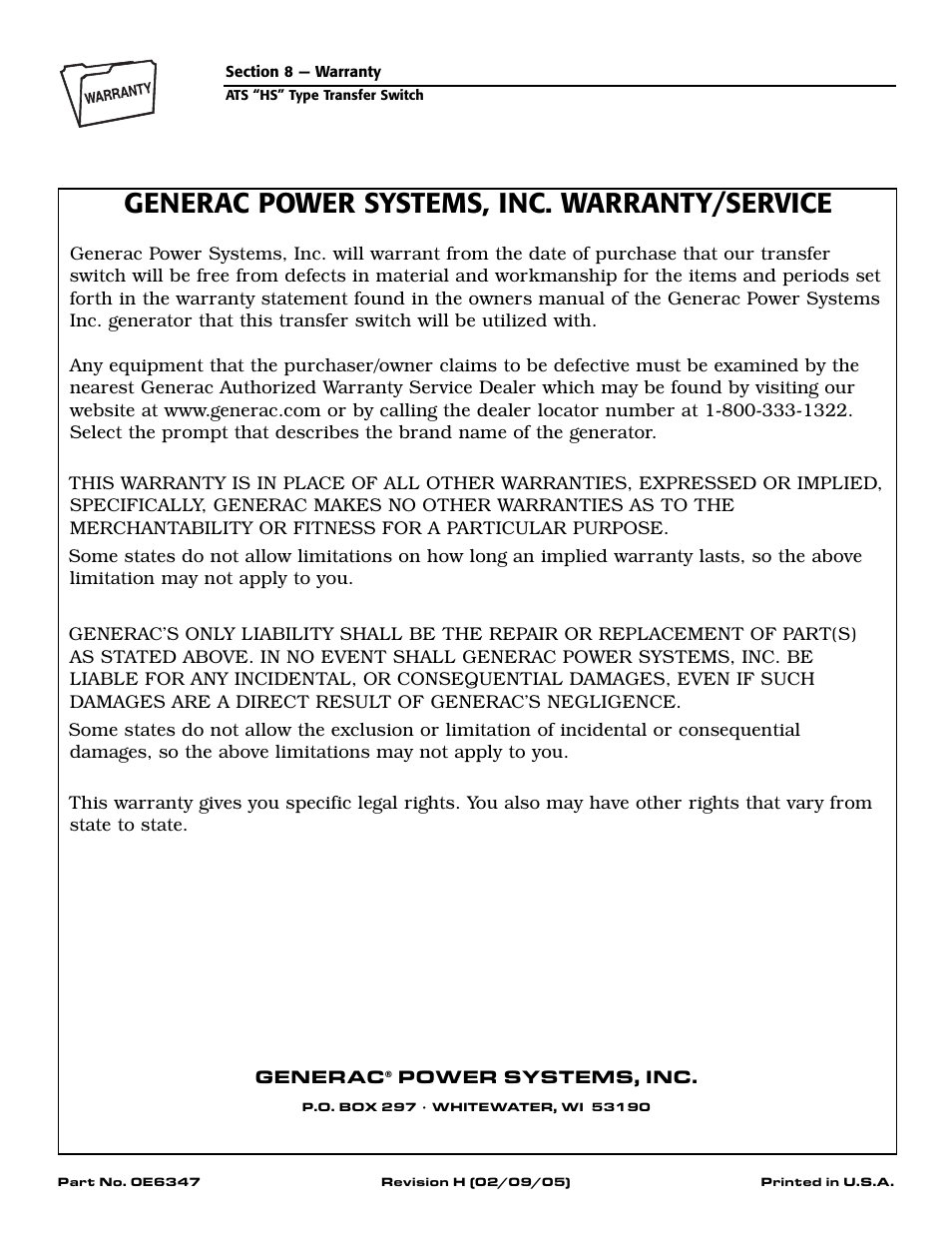 Generac power systems, inc. warranty/service | Generac Power Systems 004635-3 User Manual | Page 20 / 20