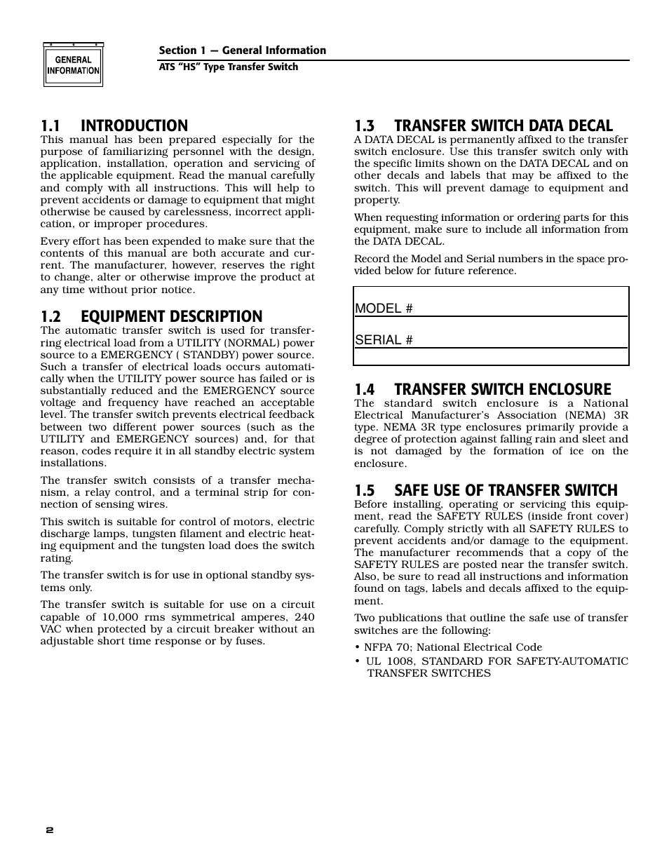 1 introduction, 2 equipment description, 3 transfer switch data decal | 4 transfer switch enclosure, 5 safe use of transfer switch | Generac Power Systems 004635-3 User Manual | Page 4 / 20