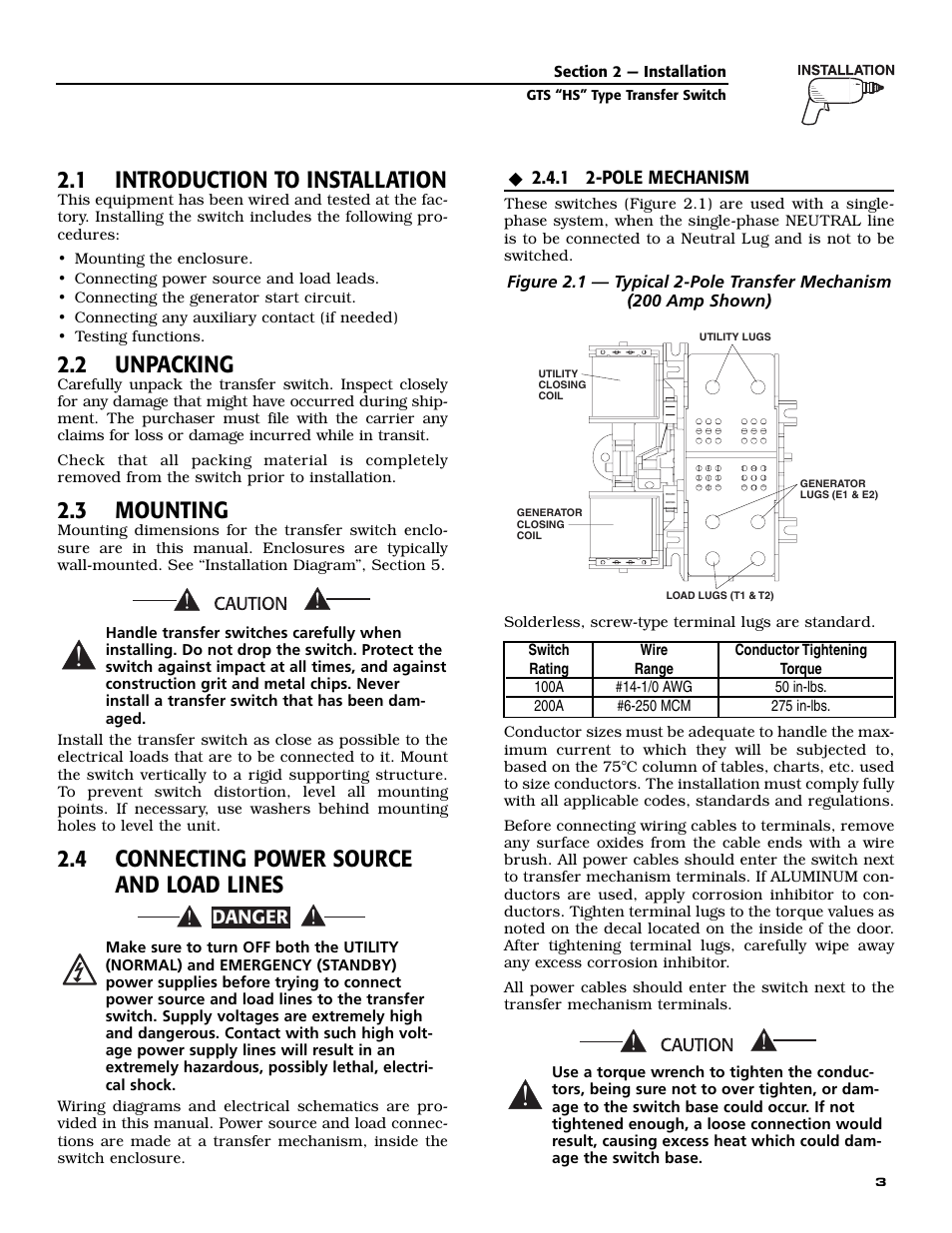 1 introduction to installation, 2 unpacking, 3 mounting | 4 connecting power source and load lines | Generac Power Systems 004635-3 User Manual | Page 5 / 20