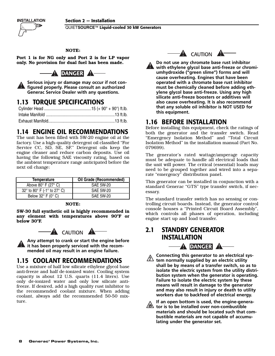 13 torque specifications, 14 engine oil recommendations, 15 coolant recommendations | 16 before installation, 1 standby generator installation | Generac Power Systems 004917-3 User Manual | Page 10 / 48