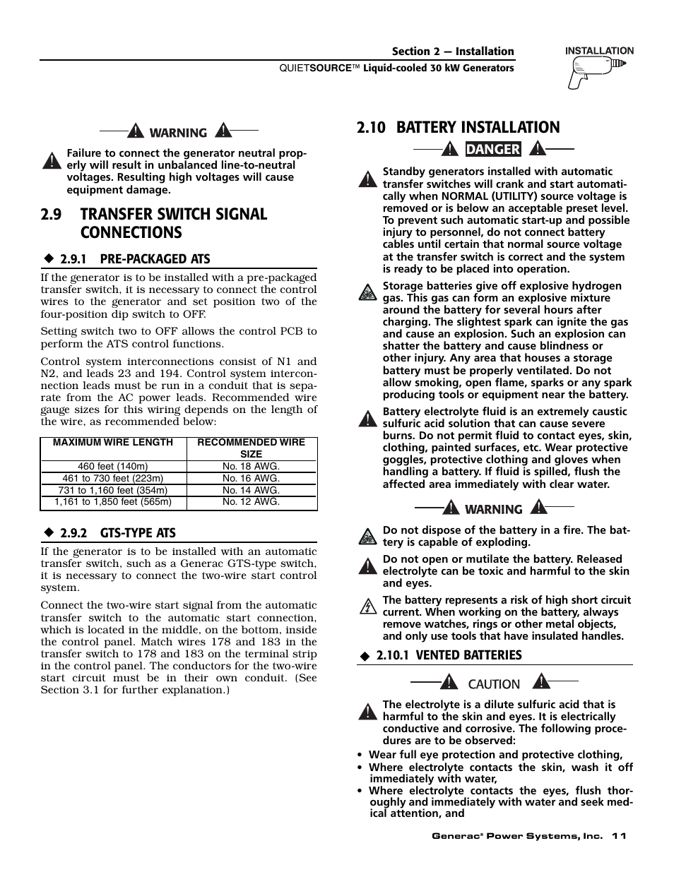 9 transfer switch signal connections, 10 battery installation | Generac Power Systems 004917-3 User Manual | Page 13 / 48