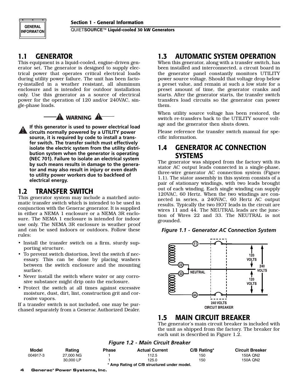 1 generator, 2 transfer switch, 3 automatic system operation | 4 generator ac connection systems, 5 main circuit breaker | Generac Power Systems 004917-3 User Manual | Page 6 / 48