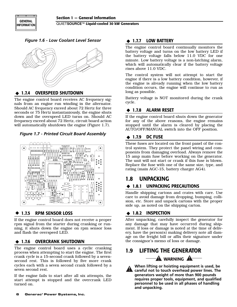 8 unpacking, 9 lifting the generator, 4 overspeed shutdown | 5 rpm sensor loss, 6 overcrank shutdown, 7 low battery, 8 alarm reset, 9 dc fuse, 1 unpacking precautions, 2 inspection | Generac Power Systems 004917-3 User Manual | Page 8 / 48