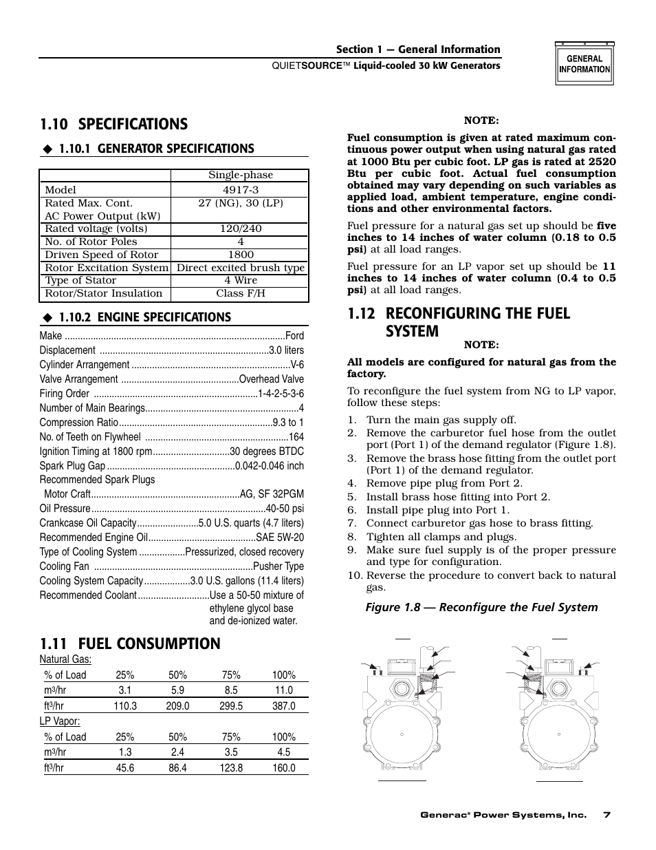 10 specifications, 11 fuel consumption, 12 reconfiguring the fuel system | Generac Power Systems 004917-3 User Manual | Page 9 / 48
