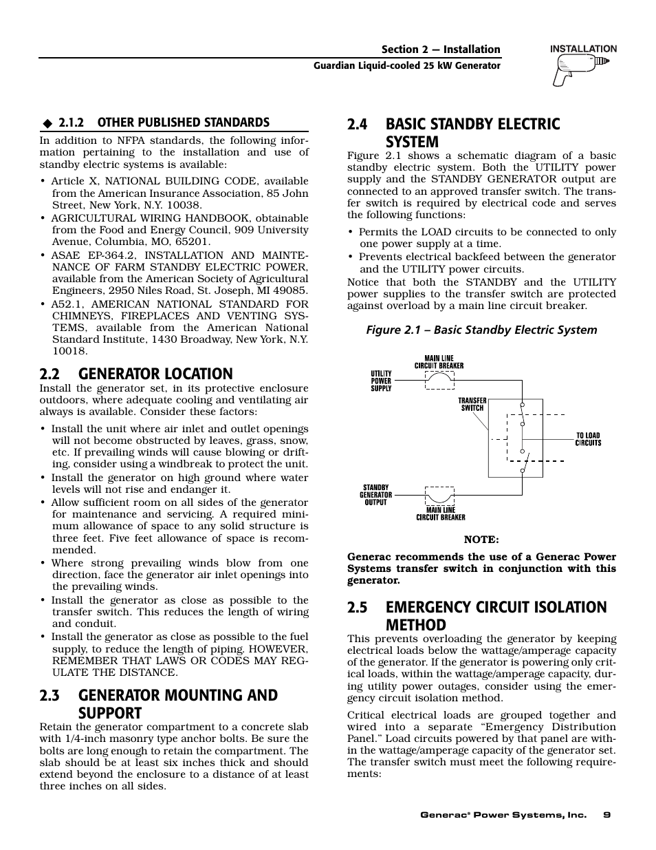 2 generator location, 3 generator mounting and support, 4 basic standby electric system | 5 emergency circuit isolation method | Generac Power Systems 005040-2 User Manual | Page 11 / 56