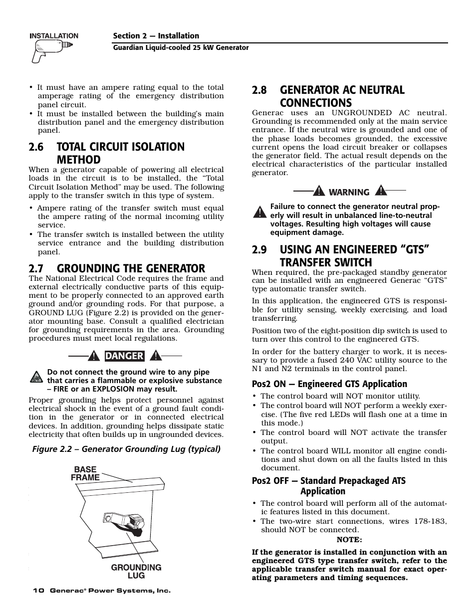 6 total circuit isolation method, 7 grounding the generator, 8 generator ac neutral connections | 9 using an engineered “gts” transfer switch | Generac Power Systems 005040-2 User Manual | Page 12 / 56