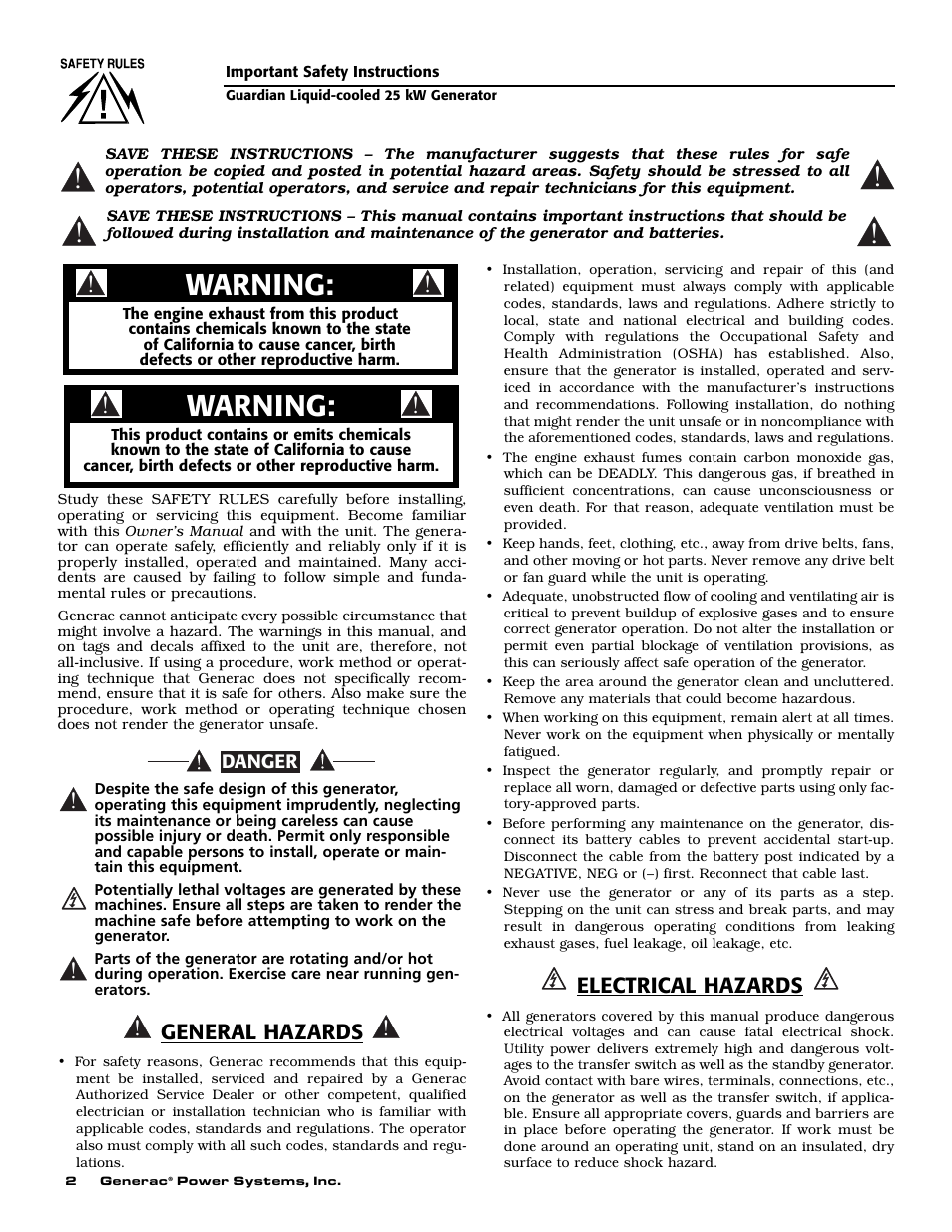 Warning, General hazards, Electrical hazards | Generac Power Systems 005040-2 User Manual | Page 4 / 56