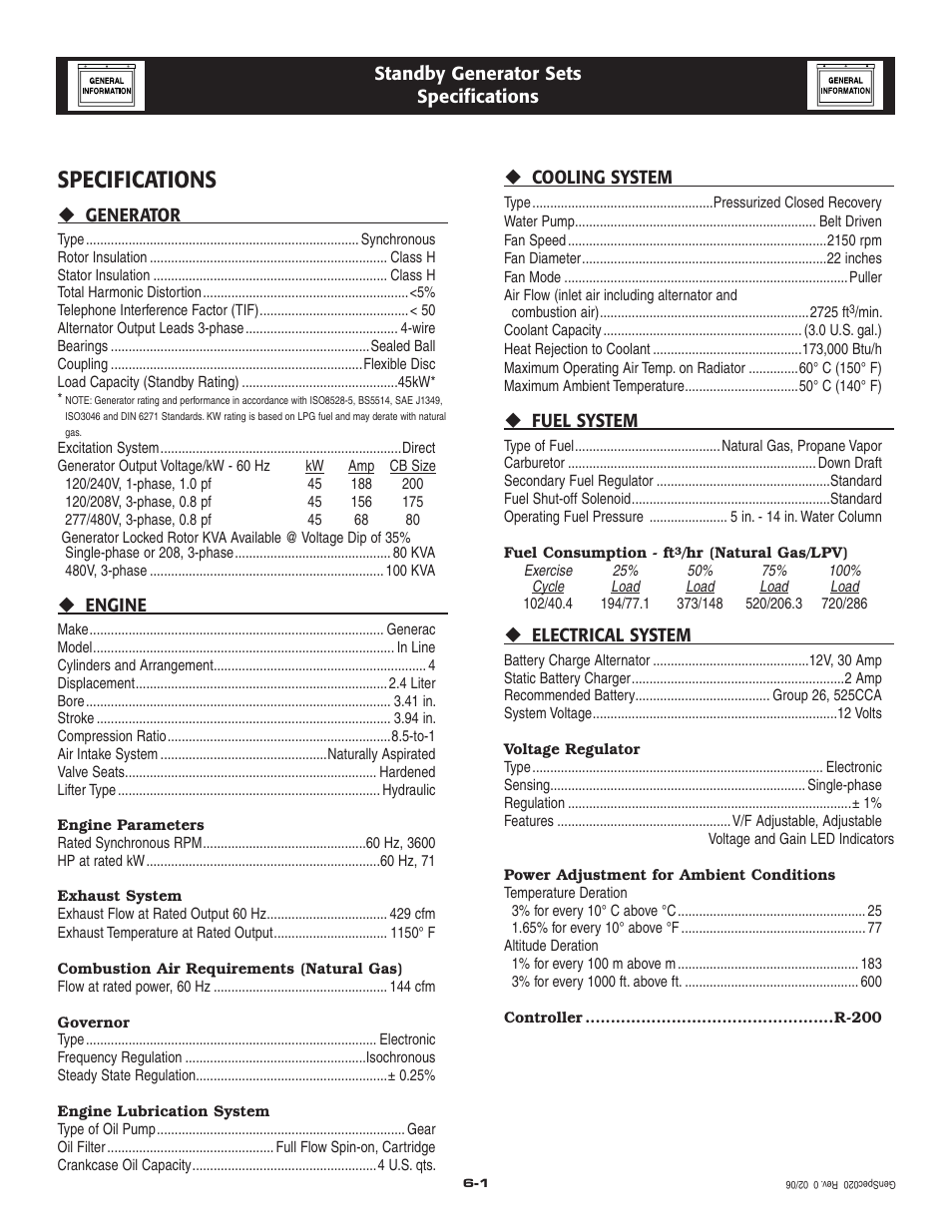 Specifications | Generac Power Systems 005261-0 User Manual | Page 10 / 64
