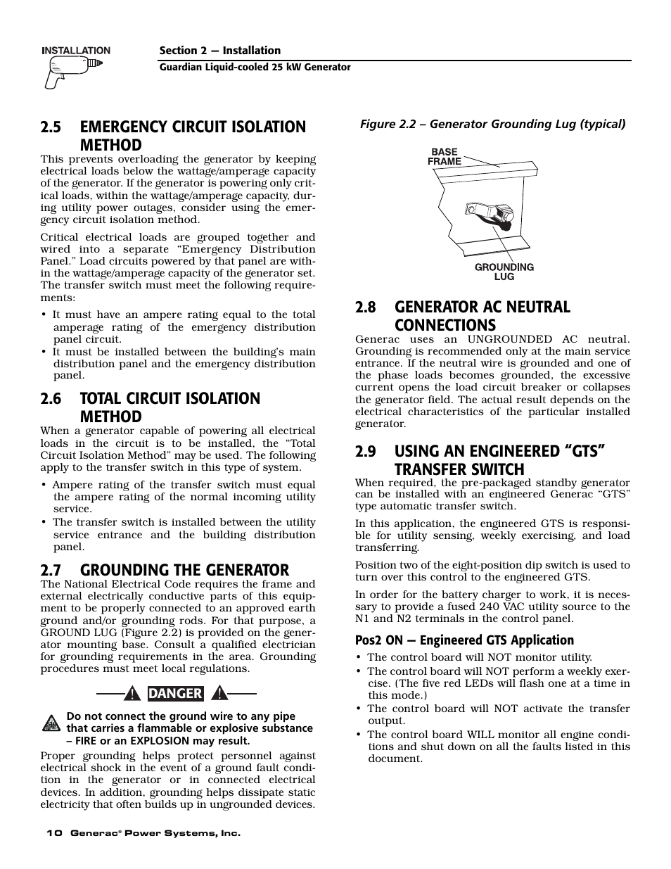 5 emergency circuit isolation method, 6 total circuit isolation method, 7 grounding the generator | 8 generator ac neutral connections, 9 using an engineered “gts” transfer switch | Generac Power Systems 005040-0 User Manual | Page 12 / 56