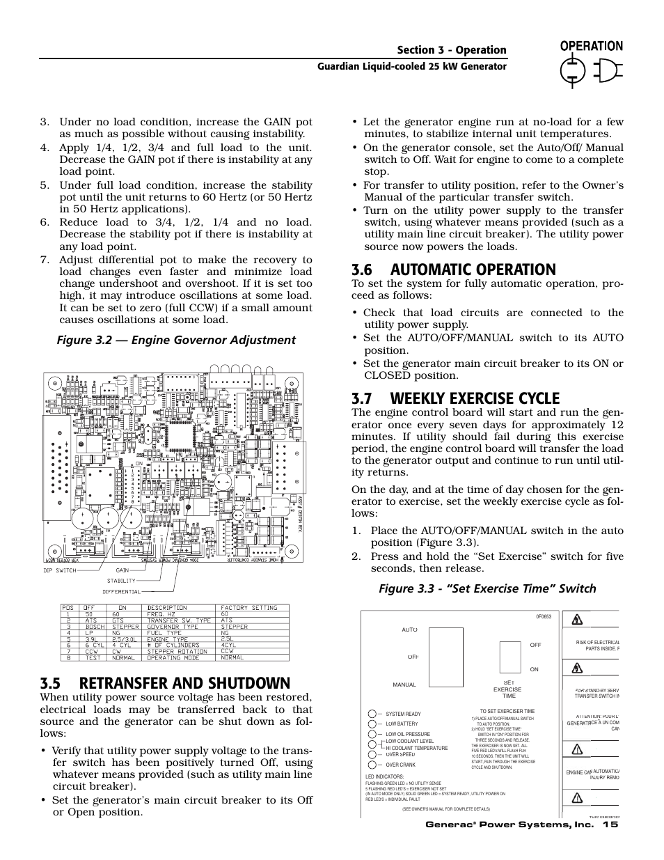 5 retransfer and shutdown, 6 automatic operation, 7 weekly exercise cycle | Figure 3.2 — engine governor adjustment, Figure 3.3 - “set exercise time” switch | Generac Power Systems 005040-0 User Manual | Page 17 / 56