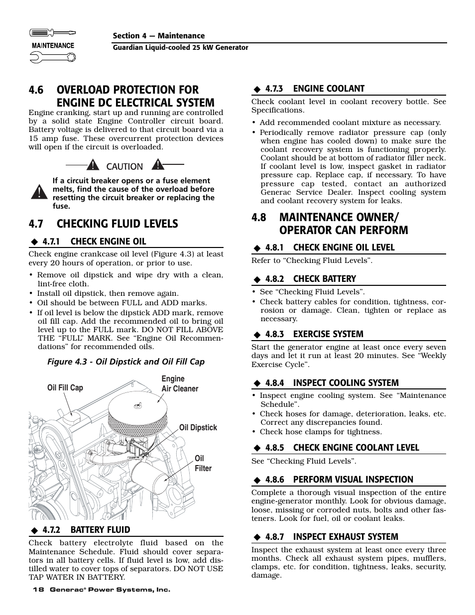 7 checking fluid levels, 8 maintenance owner/ operator can perform | Generac Power Systems 005040-0 User Manual | Page 20 / 56