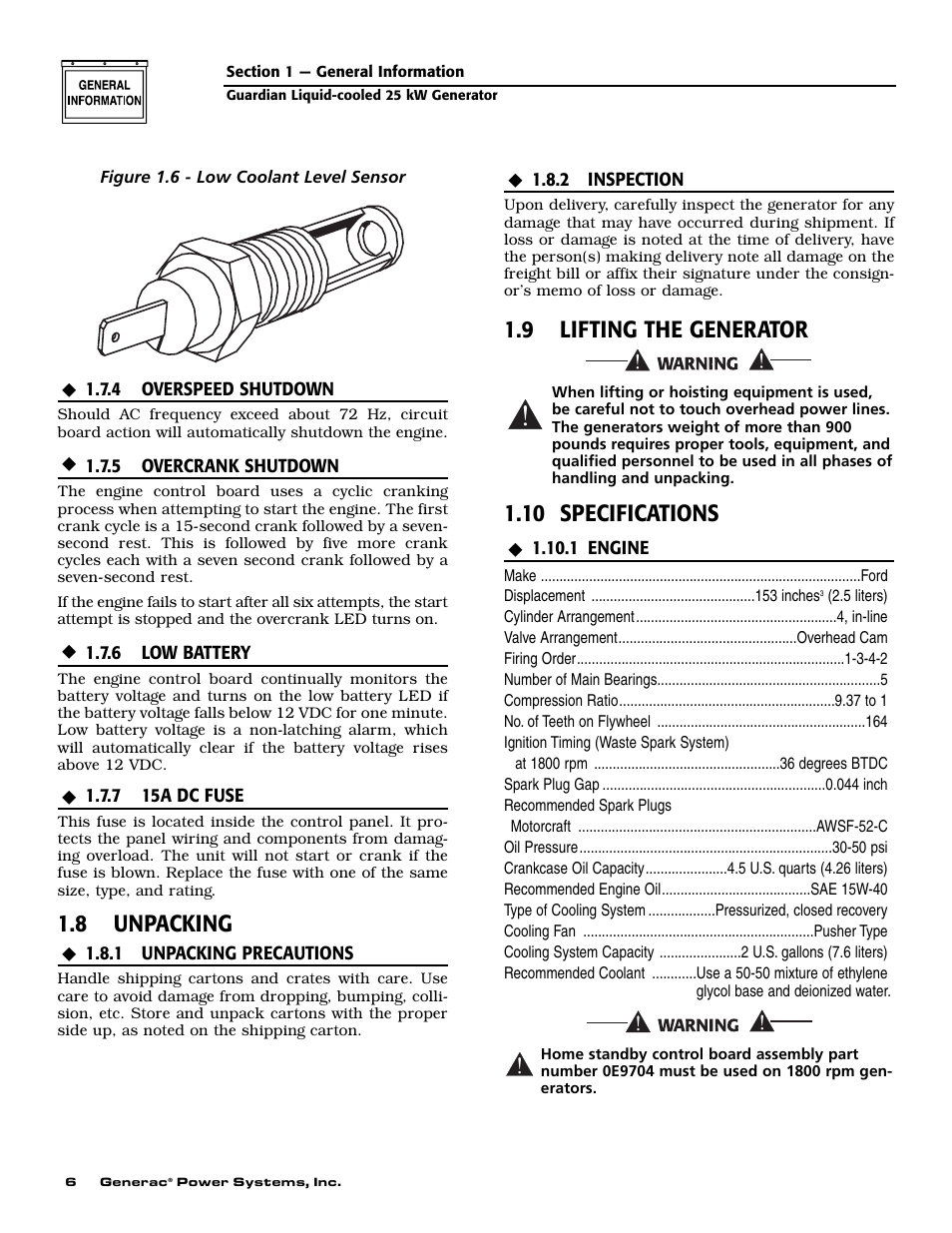 8 unpacking, 9 lifting the generator, 10 specifications | Generac Power Systems 005040-0 User Manual | Page 8 / 56