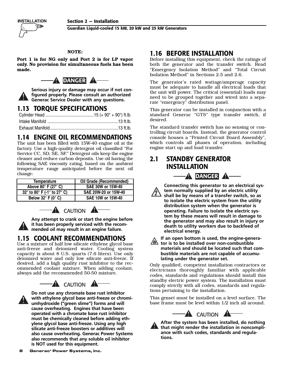 13 torque specifications, 14 engine oil recommendations, 15 coolant recommendations | 16 before installation, 1 standby generator installation | Generac Power Systems 004721-0 User Manual | Page 10 / 52