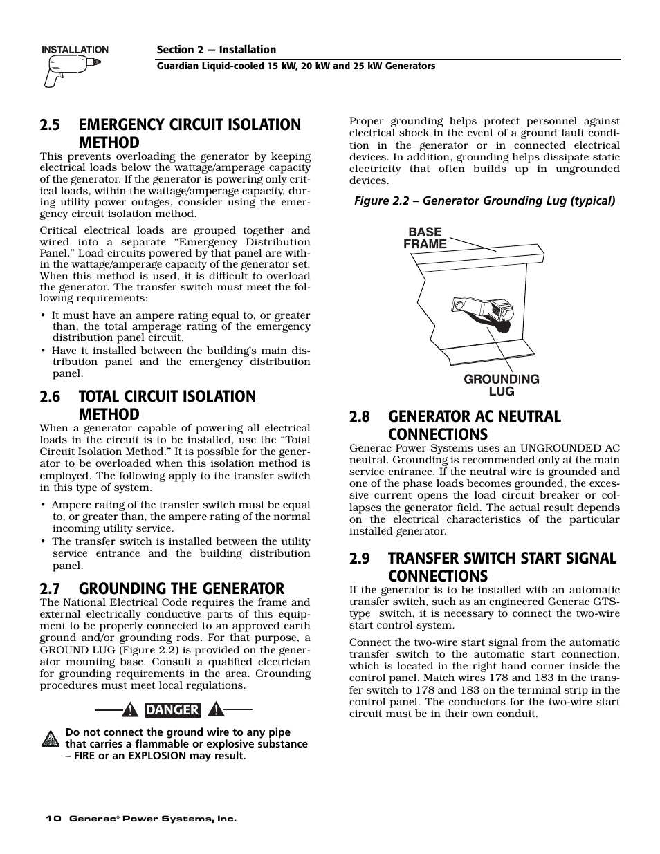 5 emergency circuit isolation method, 6 total circuit isolation method, 7 grounding the generator | 8 generator ac neutral connections, 9 transfer switch start signal connections | Generac Power Systems 004721-0 User Manual | Page 12 / 52