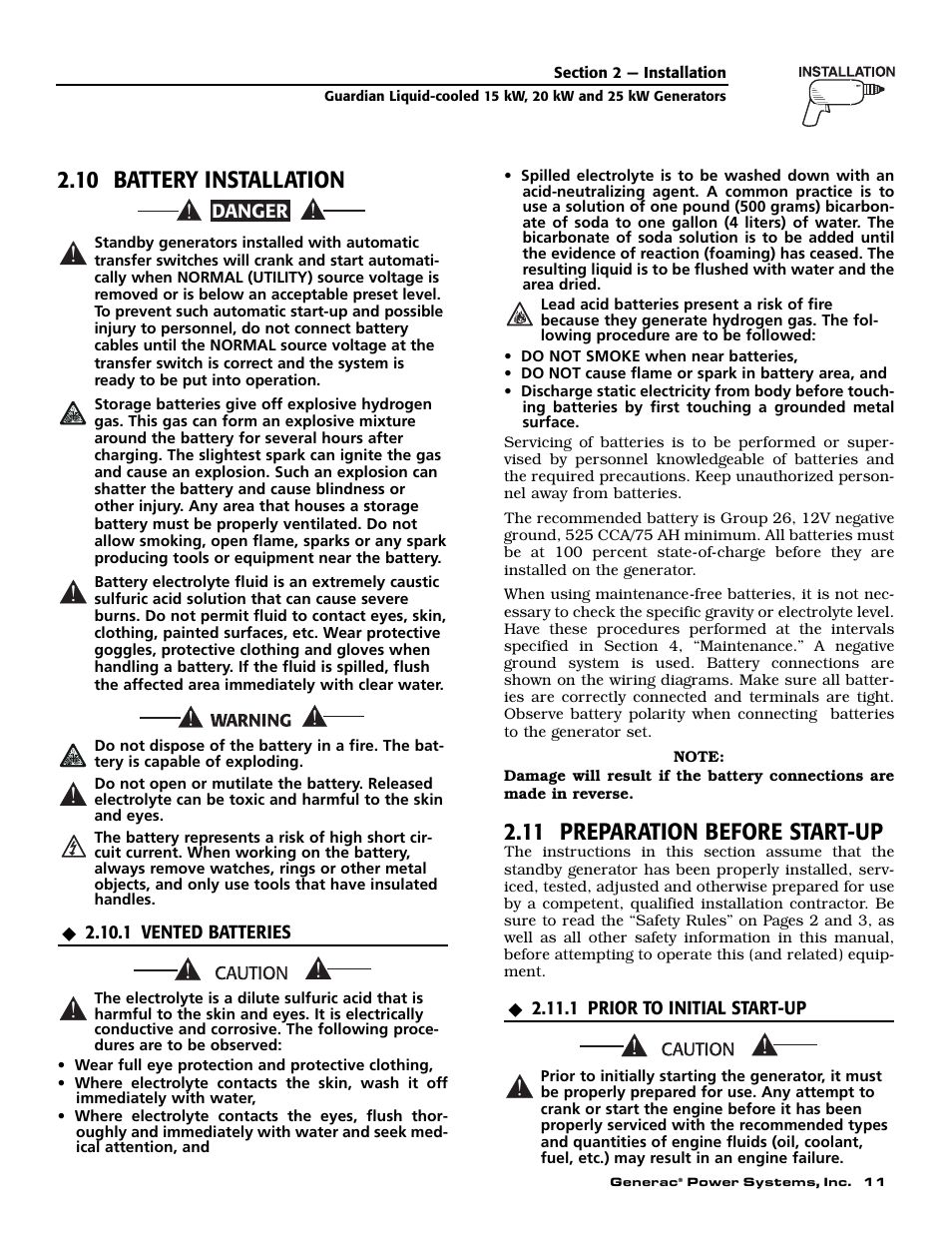 10 battery installation, 11 preparation before start-up | Generac Power Systems 004721-0 User Manual | Page 13 / 52