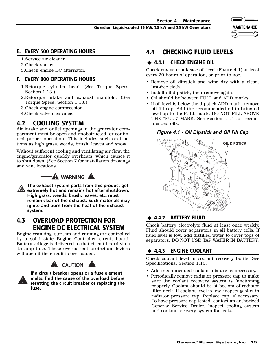 2 cooling system, 4 checking fluid levels | Generac Power Systems 004721-0 User Manual | Page 17 / 52