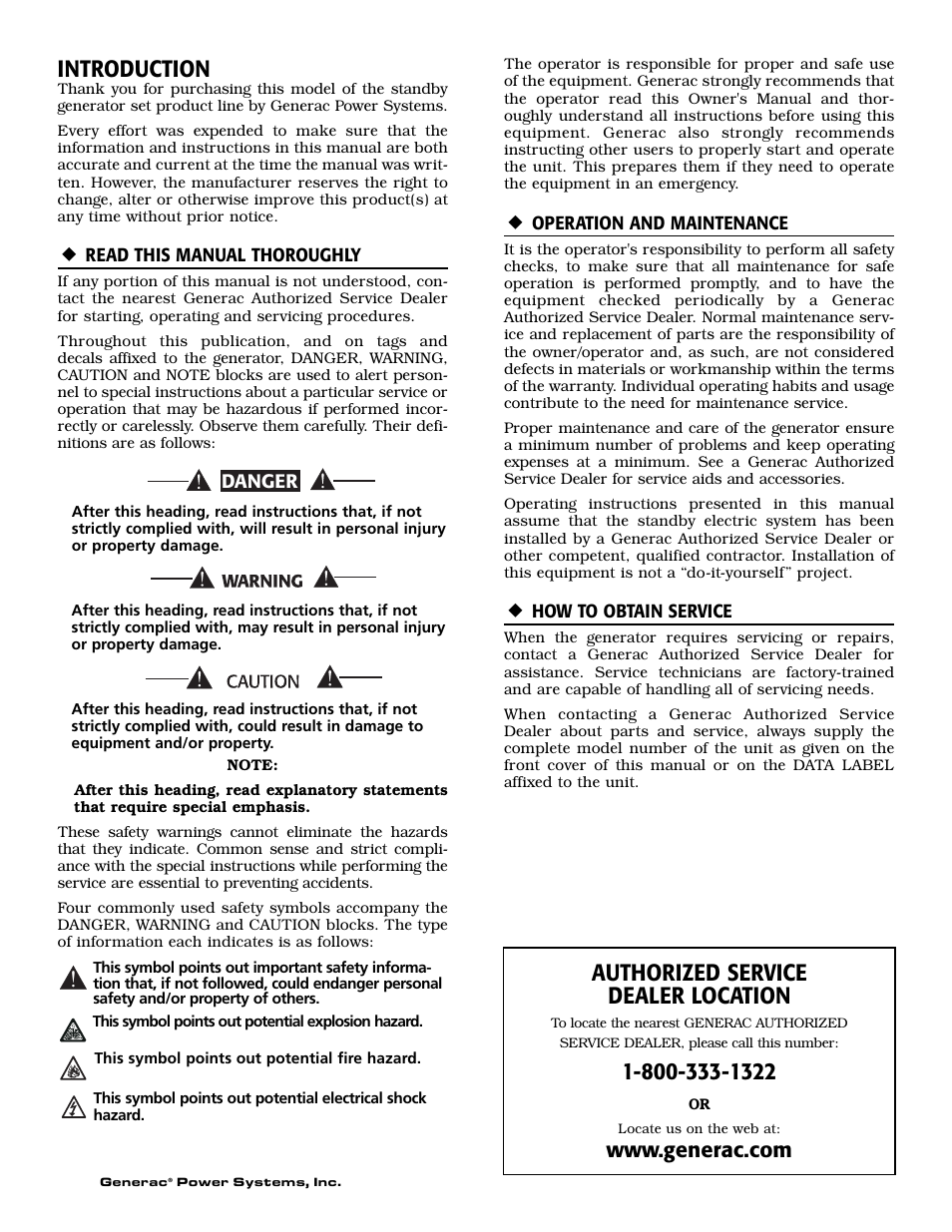 Introduction, Authorized service dealer location | Generac Power Systems 004721-0 User Manual | Page 2 / 52