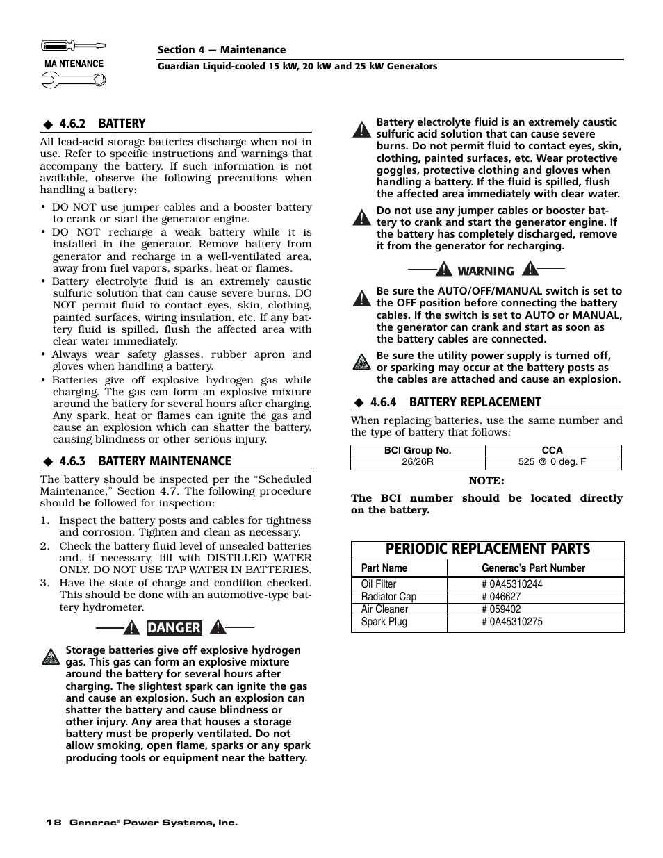 Periodic replacement parts | Generac Power Systems 004721-0 User Manual | Page 20 / 52