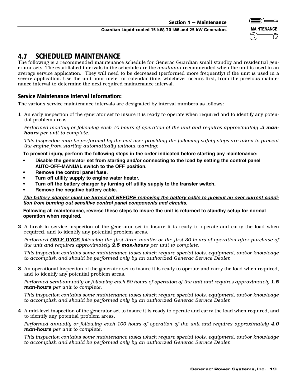 7 scheduled maintenance | Generac Power Systems 004721-0 User Manual | Page 21 / 52