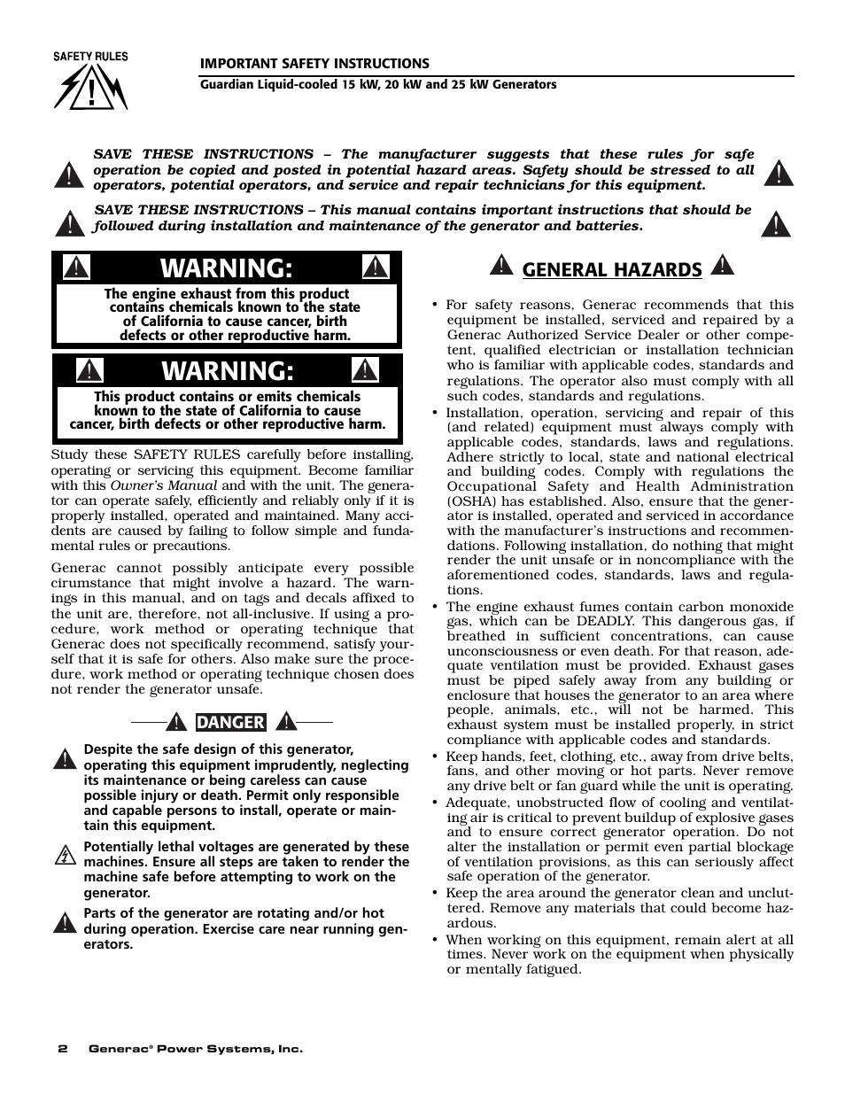 Warning | Generac Power Systems 004721-0 User Manual | Page 4 / 52