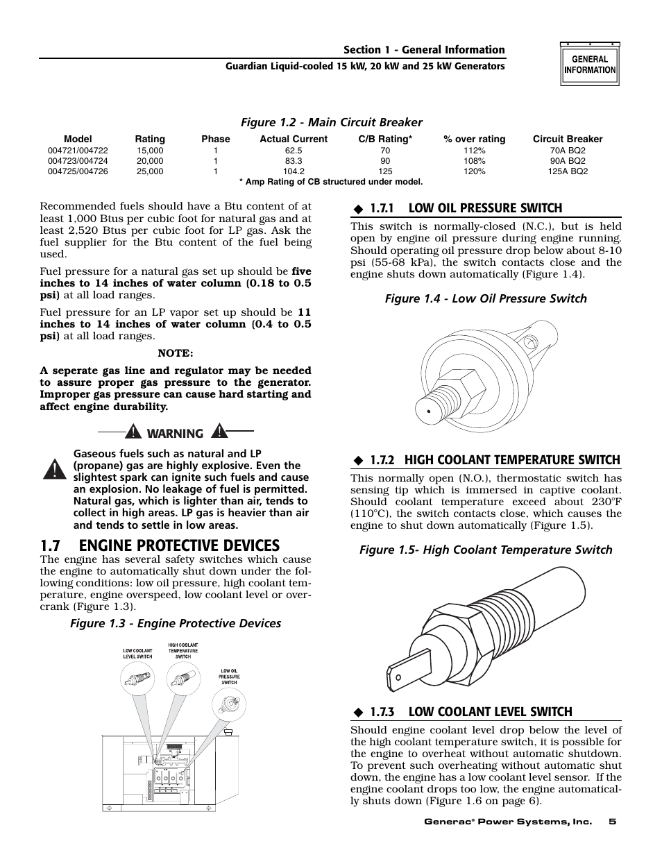 7 engine protective devices, 1 low oil pressure switch, 2 high coolant temperature switch | 3 low coolant level switch | Generac Power Systems 004721-0 User Manual | Page 7 / 52