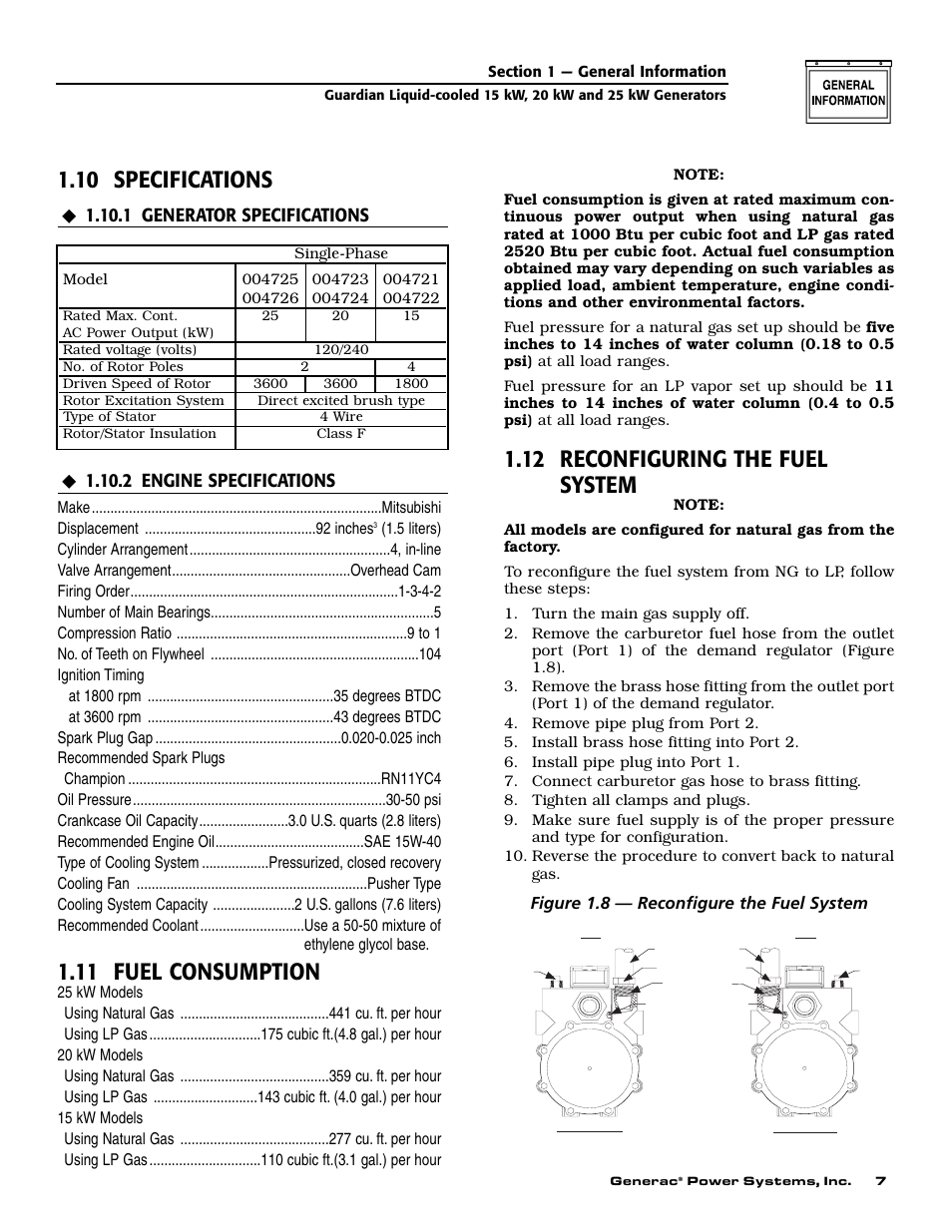 10 specifications, 11 fuel consumption, 12 reconfiguring the fuel system | Figure 1.8 — reconfigure the fuel system | Generac Power Systems 004721-0 User Manual | Page 9 / 52