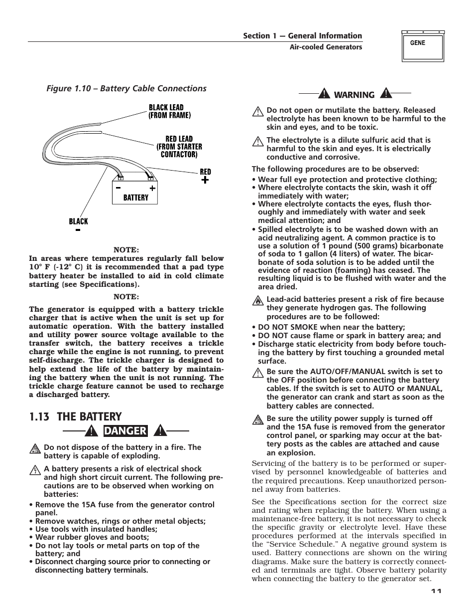 13 the battery, Danger | Generac Power Systems 005240 User Manual | Page 13 / 72