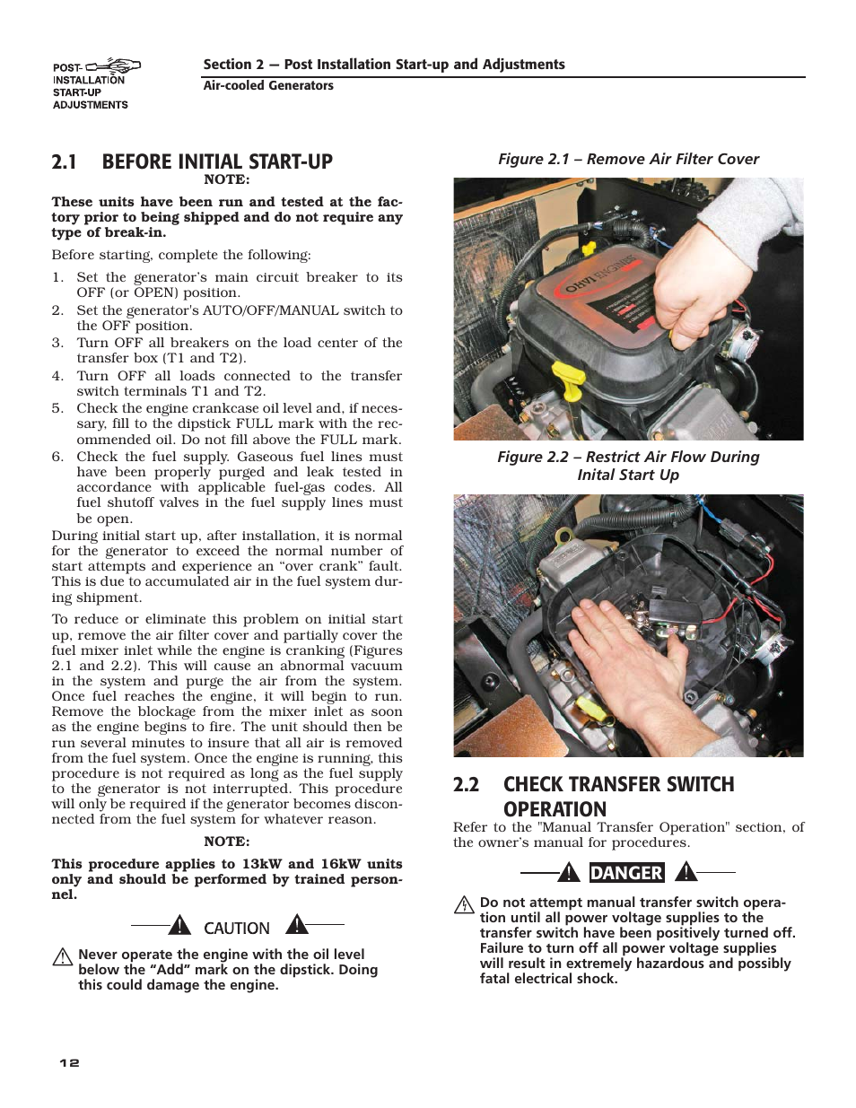 1 before initial start-up, 2 check transfer switch operation | Generac Power Systems 005240 User Manual | Page 14 / 72