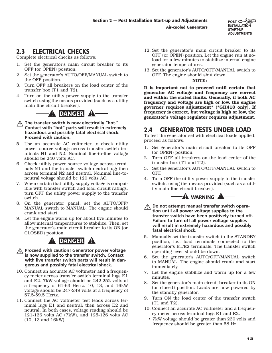 3 electrical checks, 4 generator tests under load, Danger | Generac Power Systems 005240 User Manual | Page 15 / 72