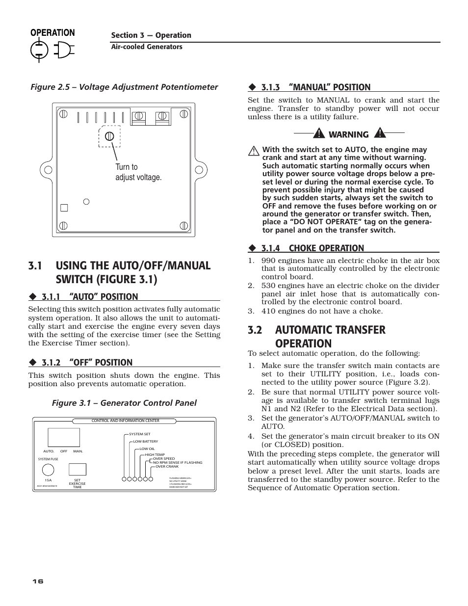 1 using the auto/off/manual switch (figure 3.1), 2 automatic transfer operation, 1 “auto” position | 2 “off” position, 3 “manual” position, 4 choke operation, Figure 3.1 – generator control panel | Generac Power Systems 005240 User Manual | Page 18 / 72