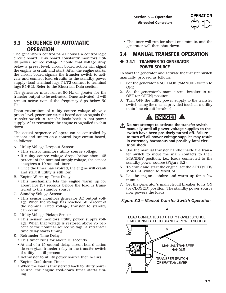 3 sequence of automatic operation, 4 manual transfer operation, Danger | Generac Power Systems 005240 User Manual | Page 19 / 72