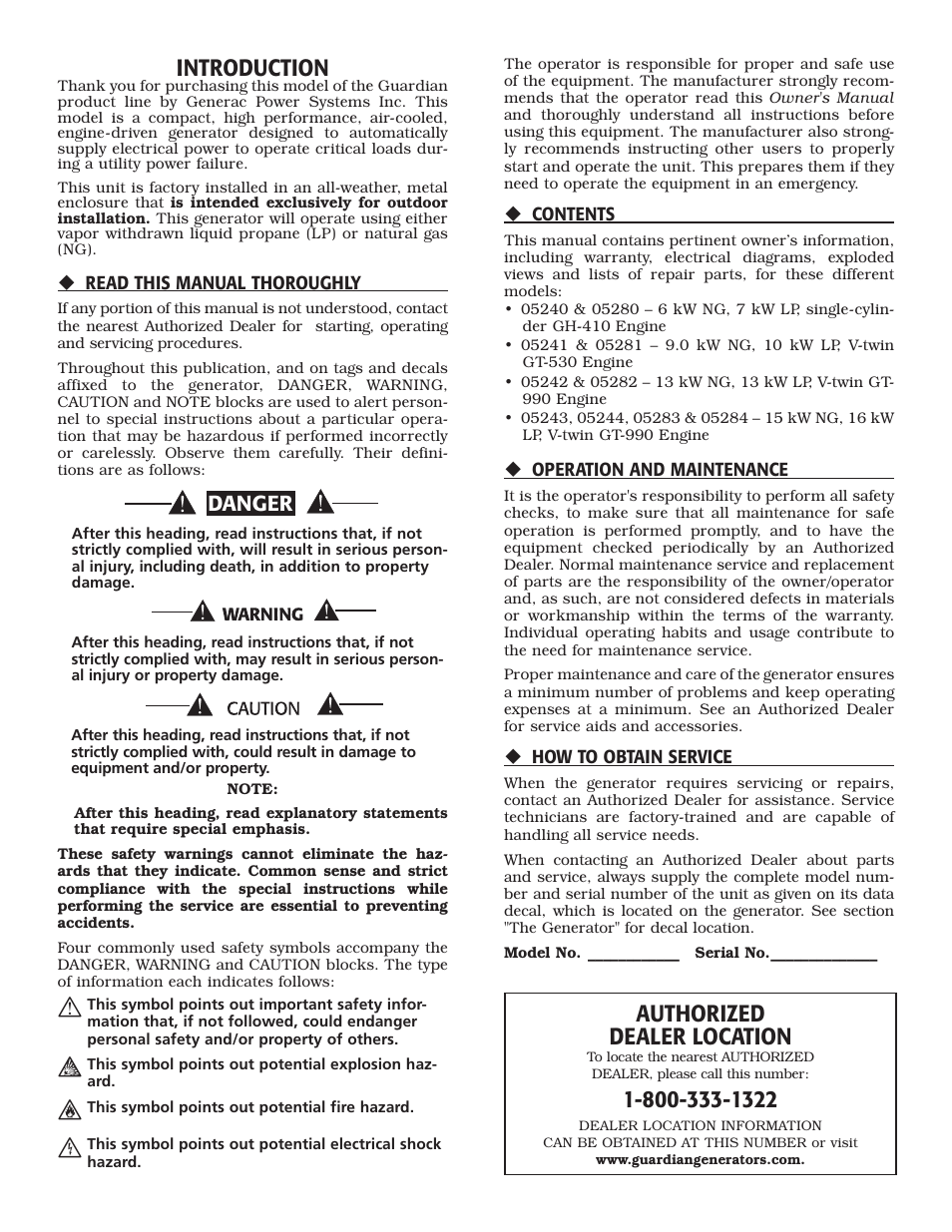 Introduction, Authorized dealer location, Danger | Generac Power Systems 005240 User Manual | Page 2 / 72