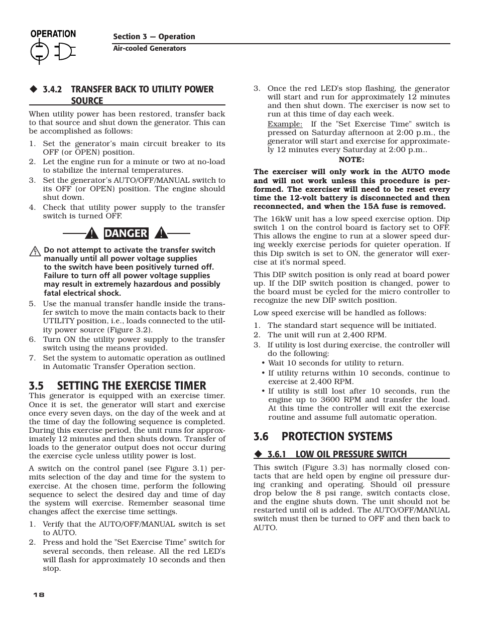 5 setting the exercise timer, 6 protection systems, Danger | Generac Power Systems 005240 User Manual | Page 20 / 72