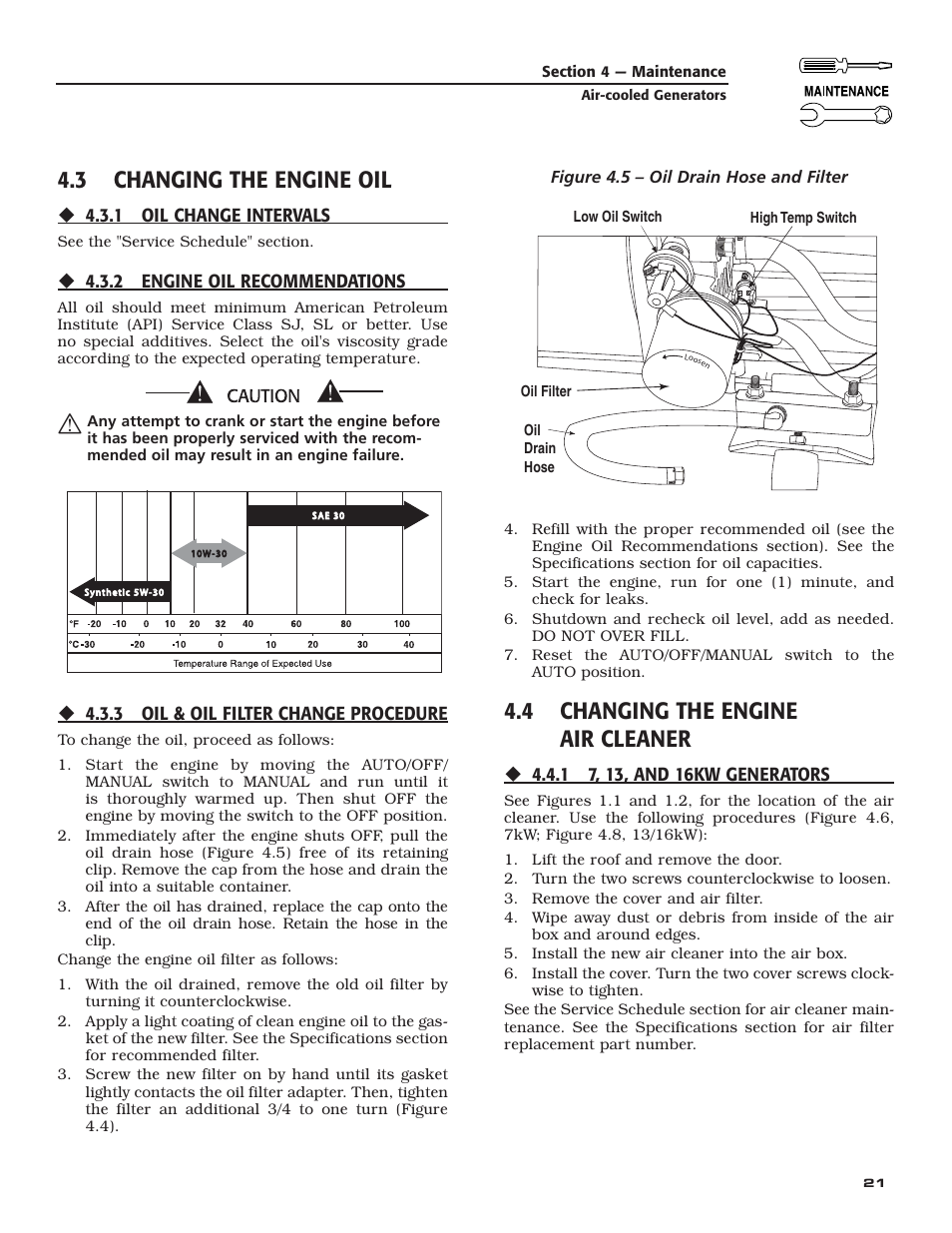 3 changing the engine oil, 4 changing the engine air cleaner | Generac Power Systems 005240 User Manual | Page 23 / 72