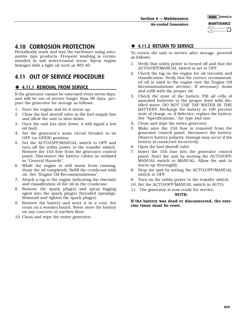 10 corrosion protection, 11 out of service procedure | Generac Power Systems 005240 User Manual | Page 27 / 72