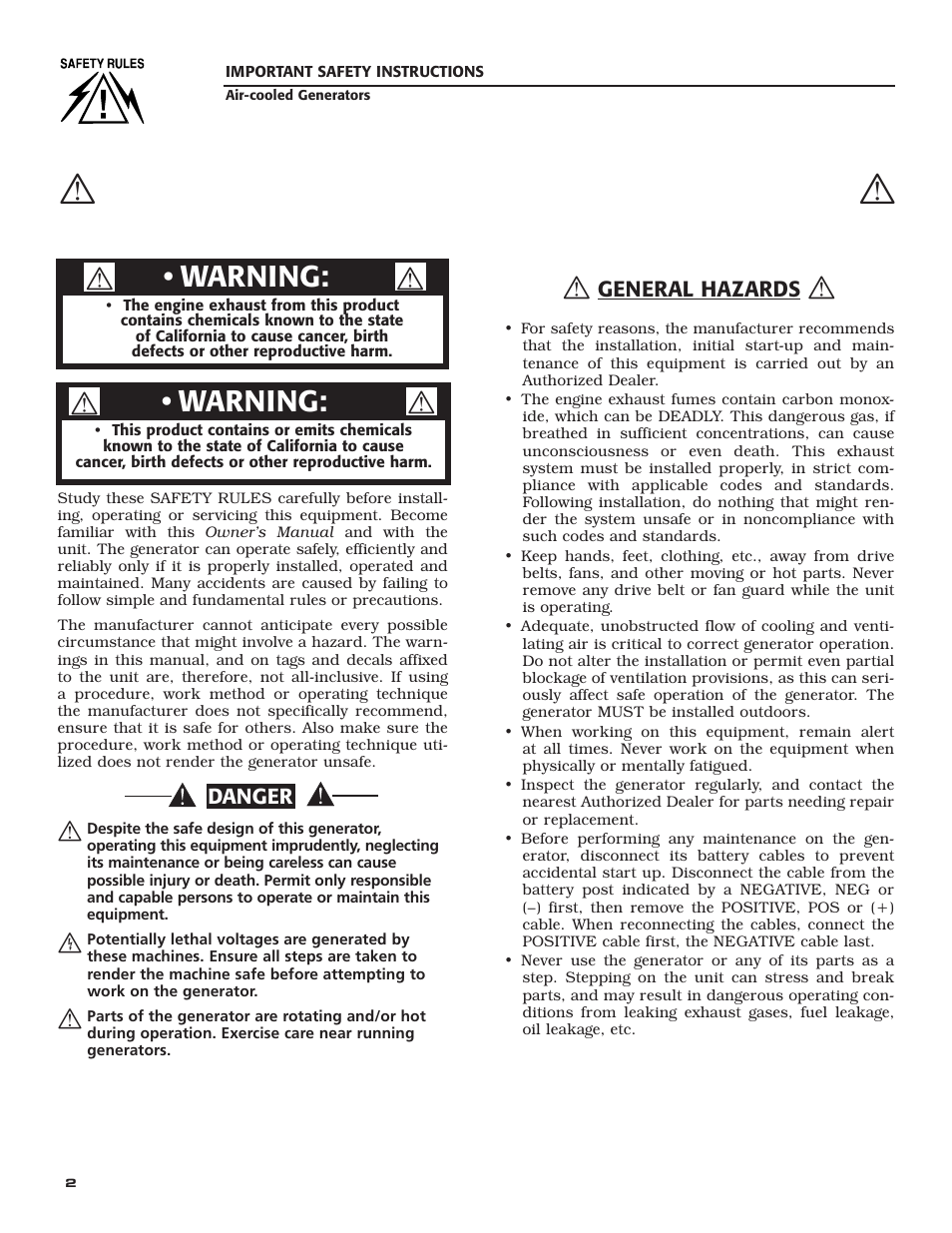 Warning | Generac Power Systems 005240 User Manual | Page 4 / 72
