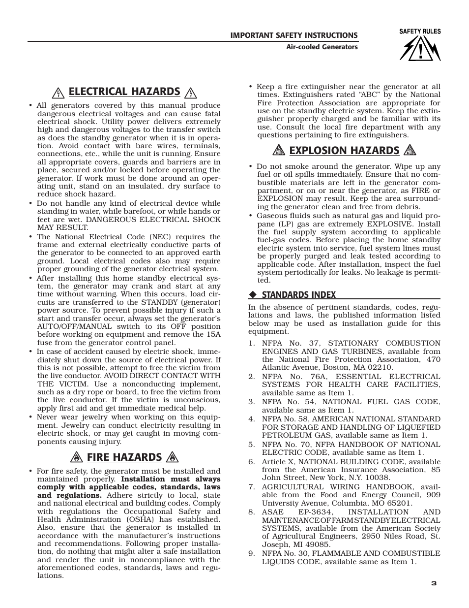 Electrical hazards, Fire hazards, Explosion hazards | Generac Power Systems 005240 User Manual | Page 5 / 72